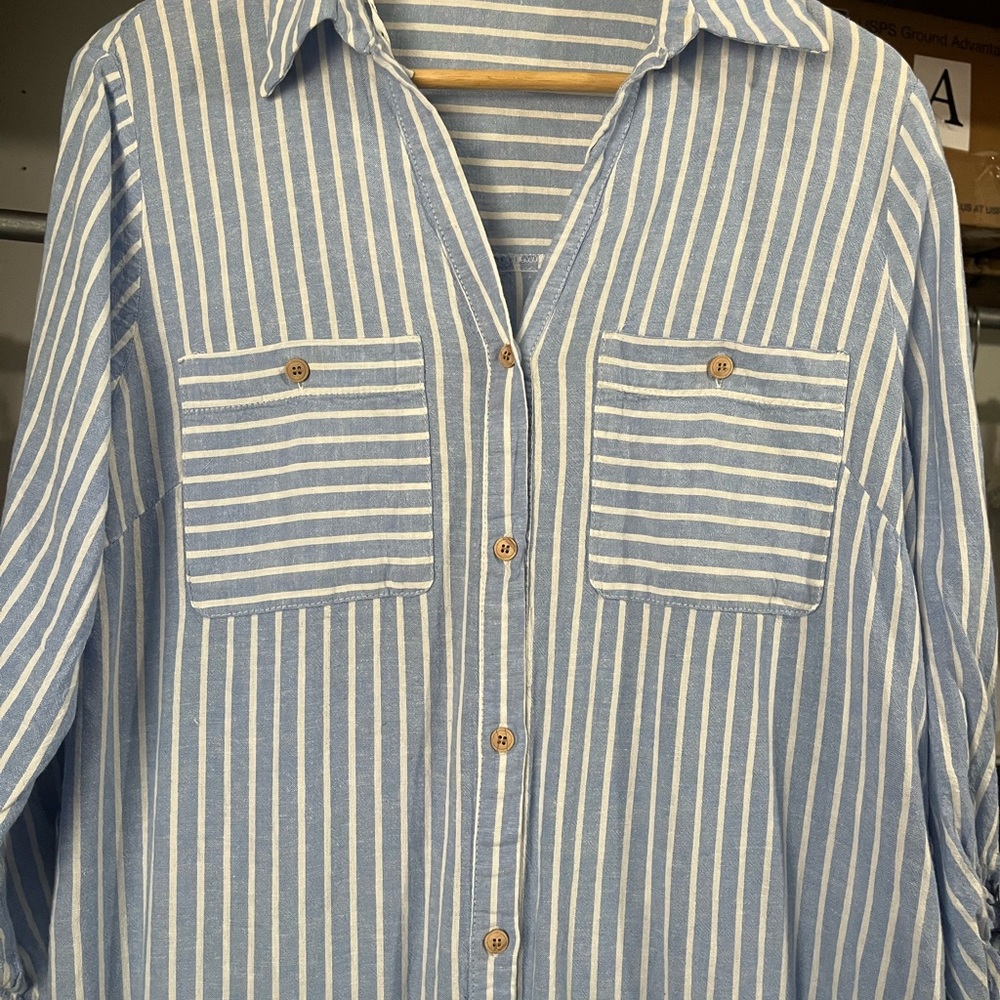 ZARA LINEN BLEND MIDI SHIRTDRESS BLUE & WHITE STRIPED LARGE CASUAL LONG SLEEVE - Picture 2 of 3